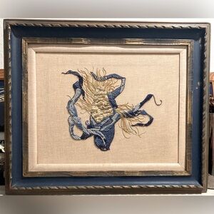 Rare Fielding Blue Gold Maize Corn Crewel Embroidery Panel Framed